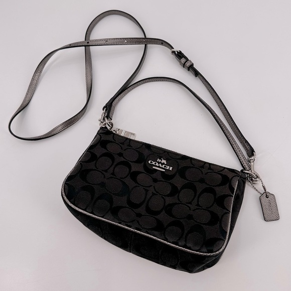 COACH Black Metallic Signature Logo Canvas Top Handle Crossbody Bag Purse - Picture 1 of 9